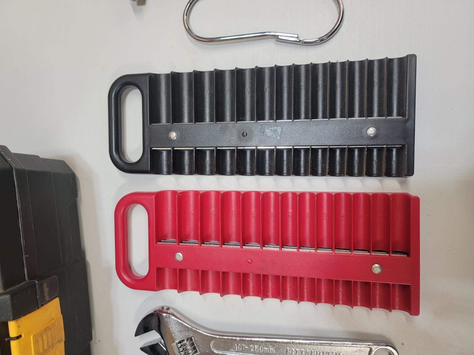 Misc lot of tools and tool box, wrenches, tibet tool, socket holders