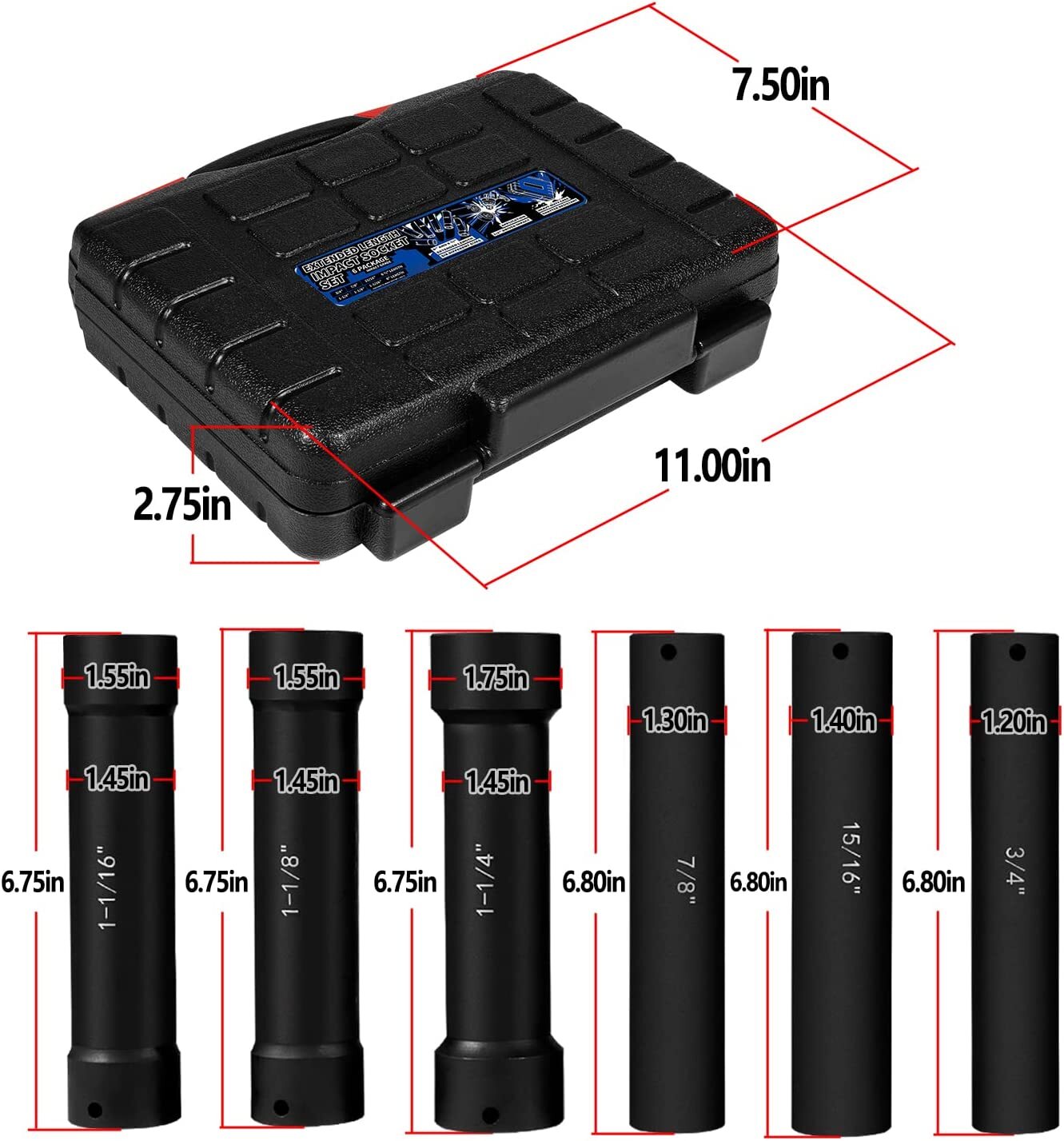 1/2 Inch Drive Extended Length Impact Socket Set 6 Piece With Storage Case
