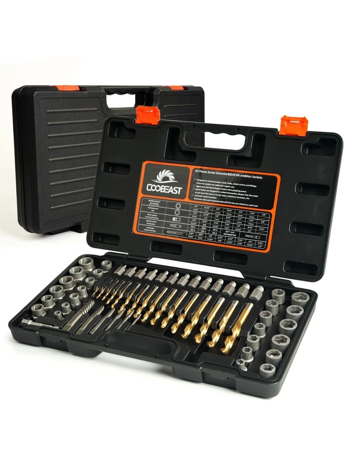 62Pcs Screw Extractor Set with Left Hand Drill Bit, Bolt 62PCS, Black