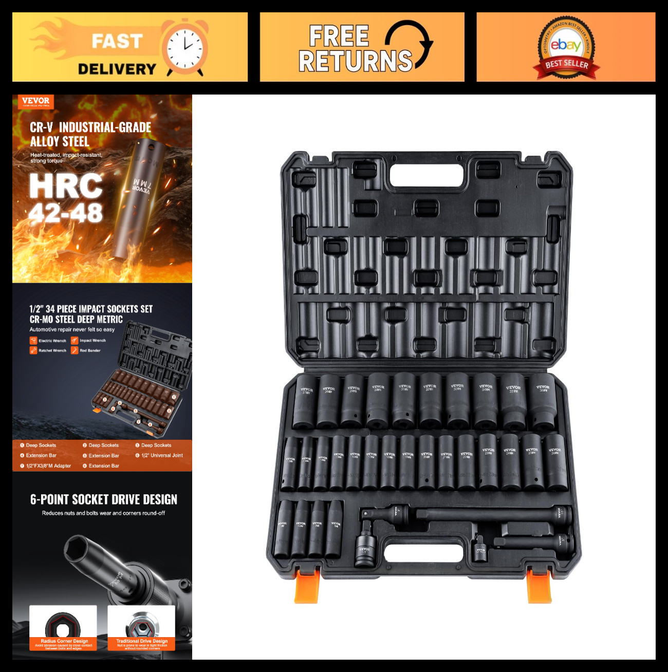 34-Piece 1/2″ Drive Impact Socket Set Metric 8-36mm, Cr-MO Steel, Auto Repair, S