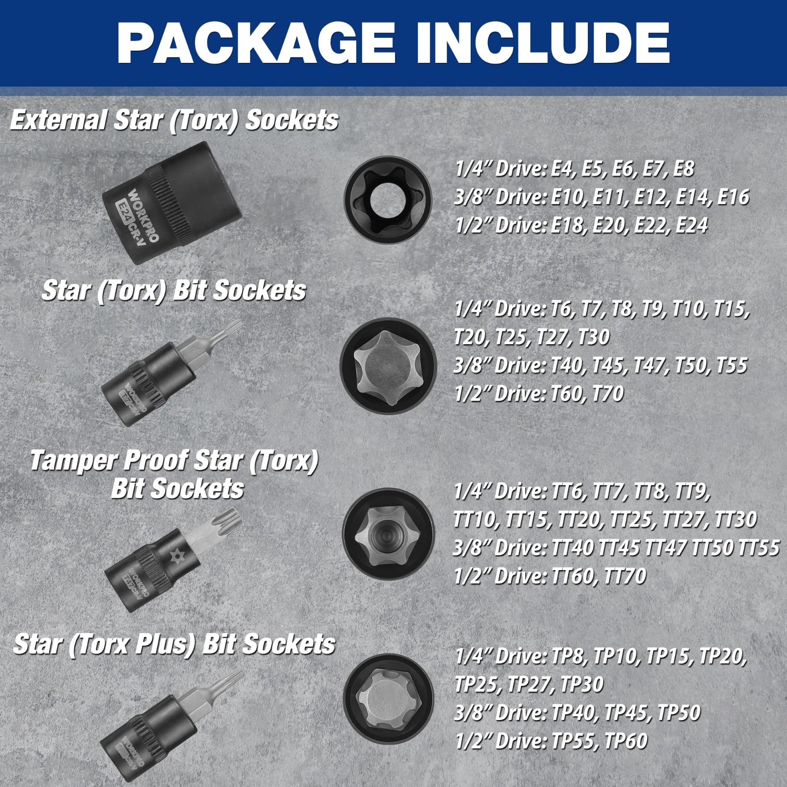 60-Piece Torx Bit Socket Set – 1/4″, 3/8″, 1/2″ Drive, E4-E24, T6-T70, CR-V & S2