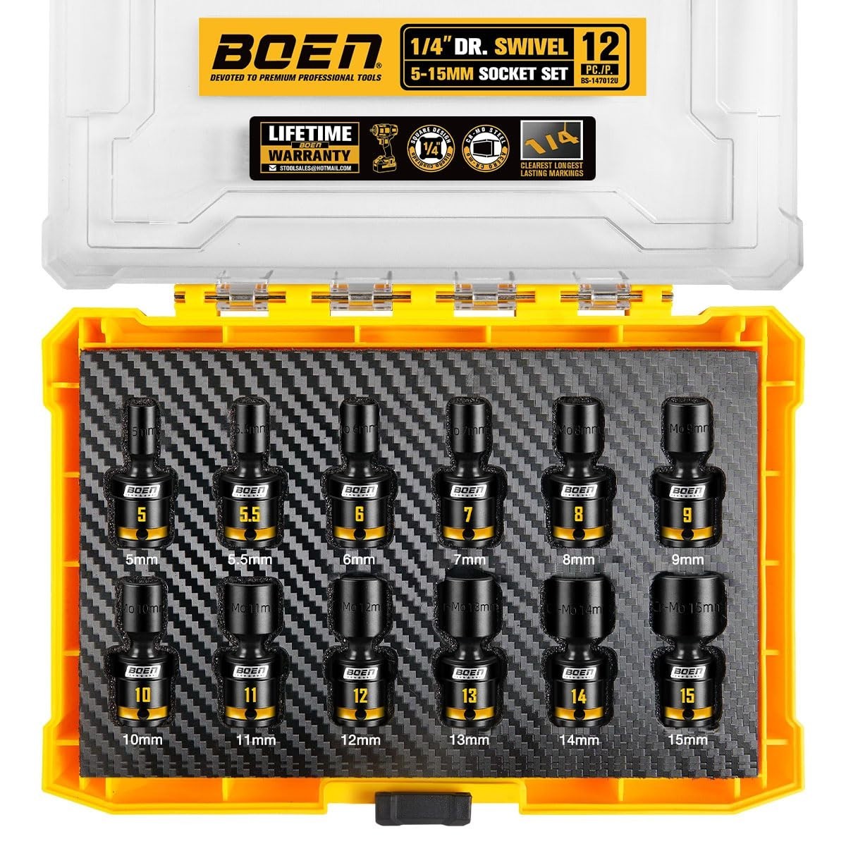 12-Piece 1/4″ Drive Impact Swivel Socket Set, Metric 5mm-15mm, CR-MO Steel, 6-Po