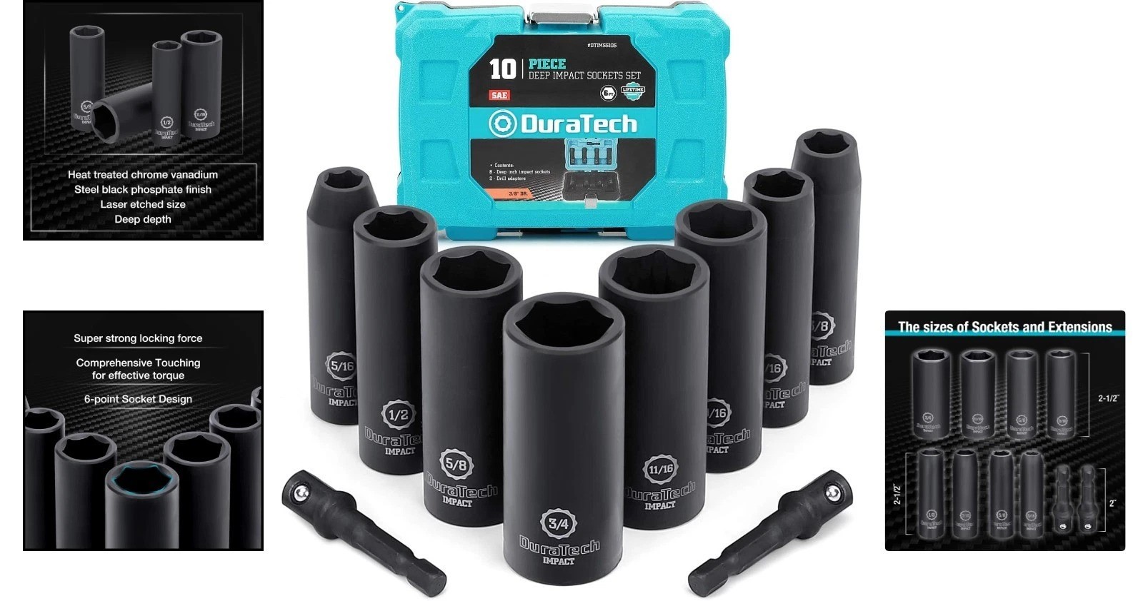 Versatile 10-Piece Deep Impact Socket Set with Anti-Rust Finish & Extension Bars