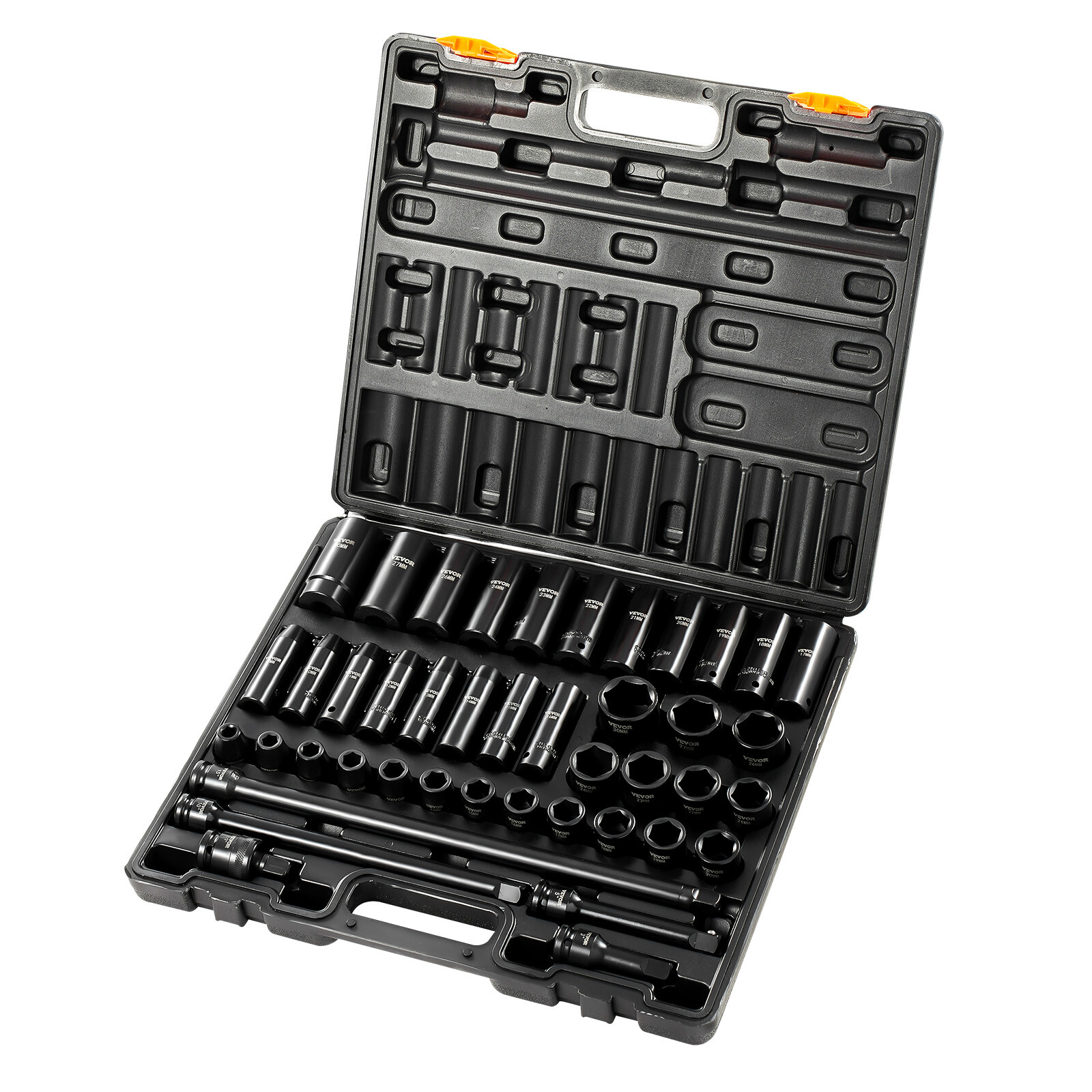 Impact Socket Set 1/2 Inch 43 Pcs Standard+Deep 9 to 30 MM 6-Point Extension Bar