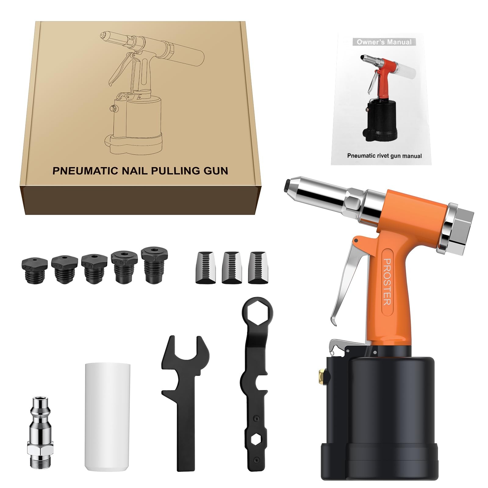 Proster Pneumatic Riveter – 3924LBF Pulling 5 Nozzles, Orange+black