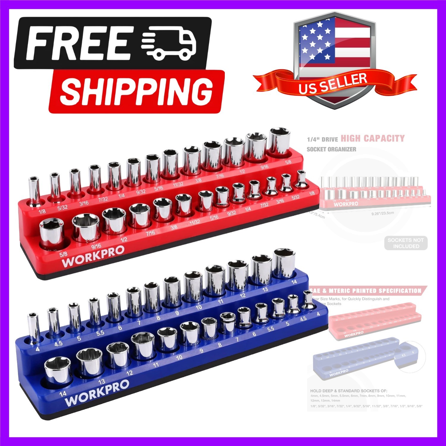 1/4-inch Magnetic Socket Organizer Set, 2-Piece SAE & Metric Socket Holders, …