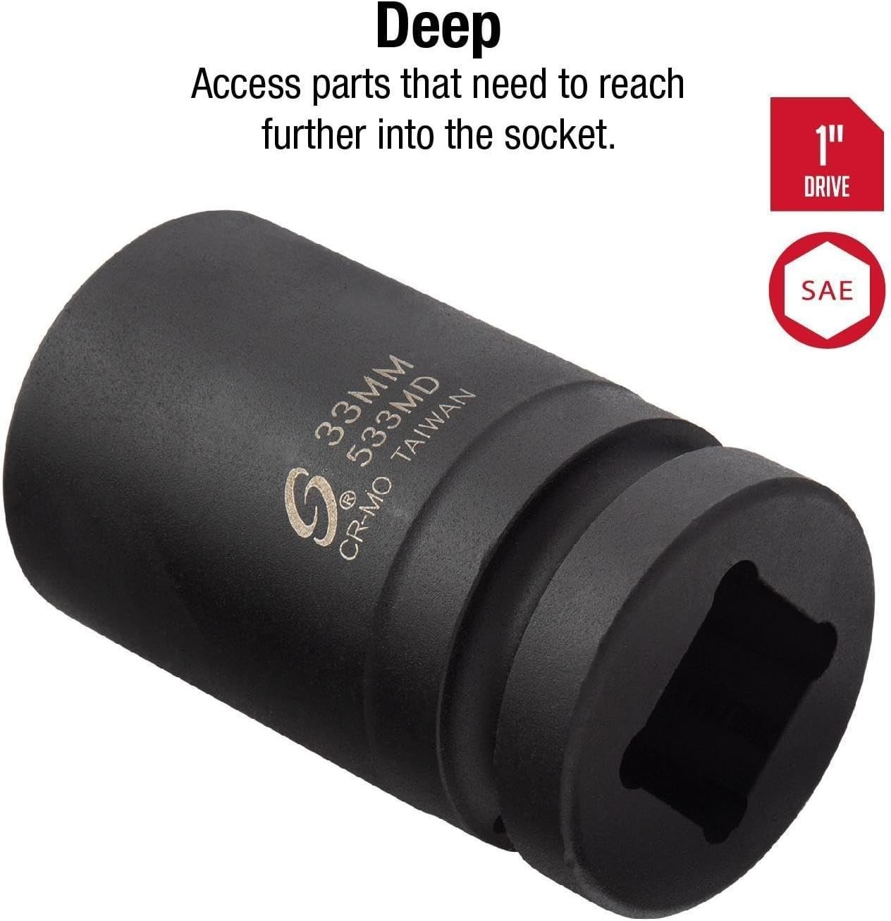 33mm Deep Impact Socket, 1 Inch Drive, Chrome Molybdenum Steel, Manganese Finish