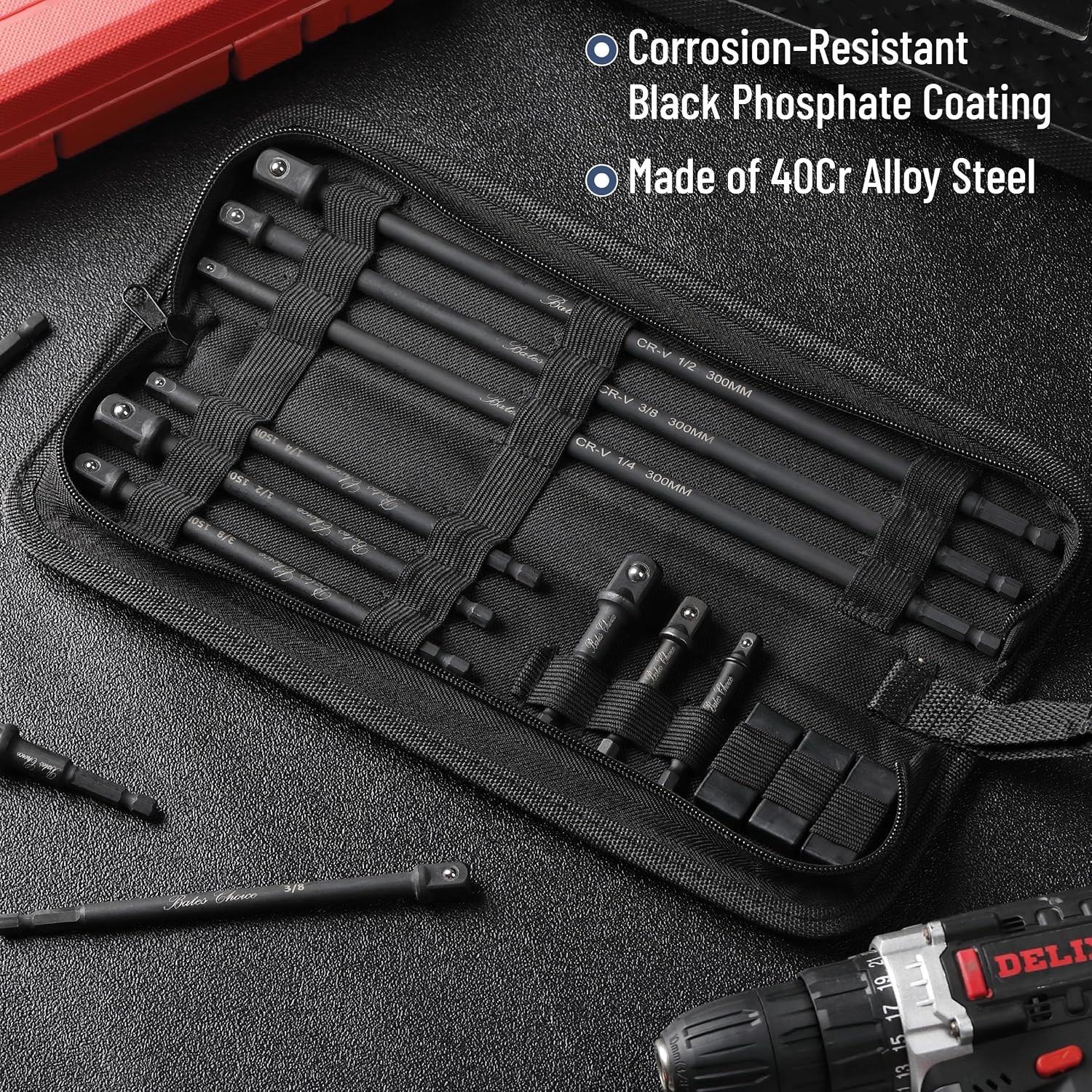 Durable Bates Socket Adapter Set: 9 Pieces in 3 Sizes | Black Oxford Storage Bag