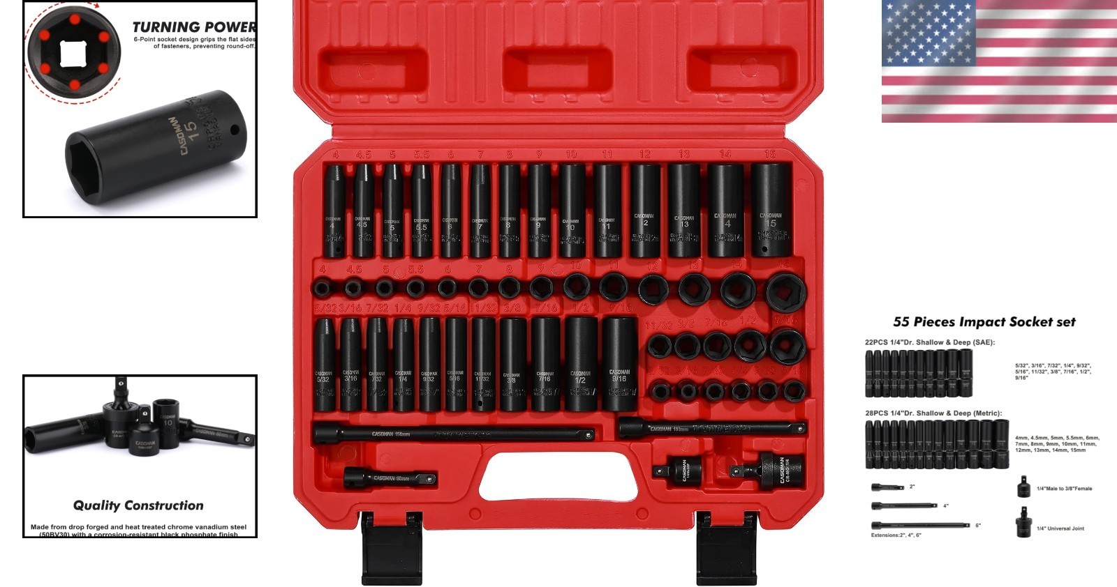 55PCS Cr-V Steel Socket Set, Metric & SAE, 1/4-Inch Drive
