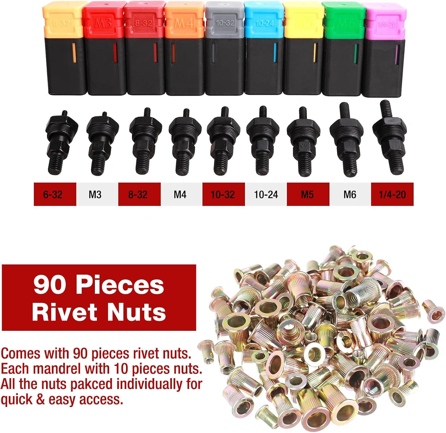 Rivet Nut Tool Kit 9 Metric and SAE Mandrels, 90Pcs Rivnuts, Sturdy Case