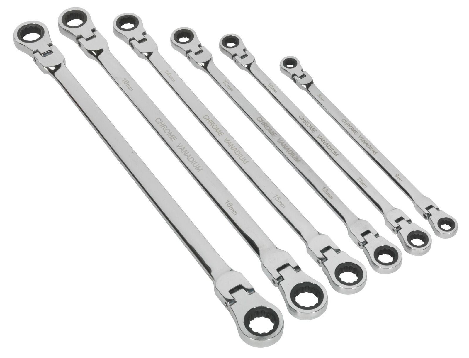 6pc Extra Long Flexible Double End Ratchet Ring Spanner Wrench Set Metric