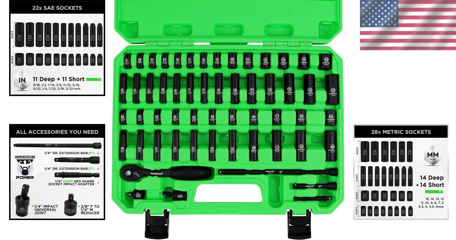 Durable 56-Piece Impact Socket Set – Metric & SAE Sizes in Custom Storage Case