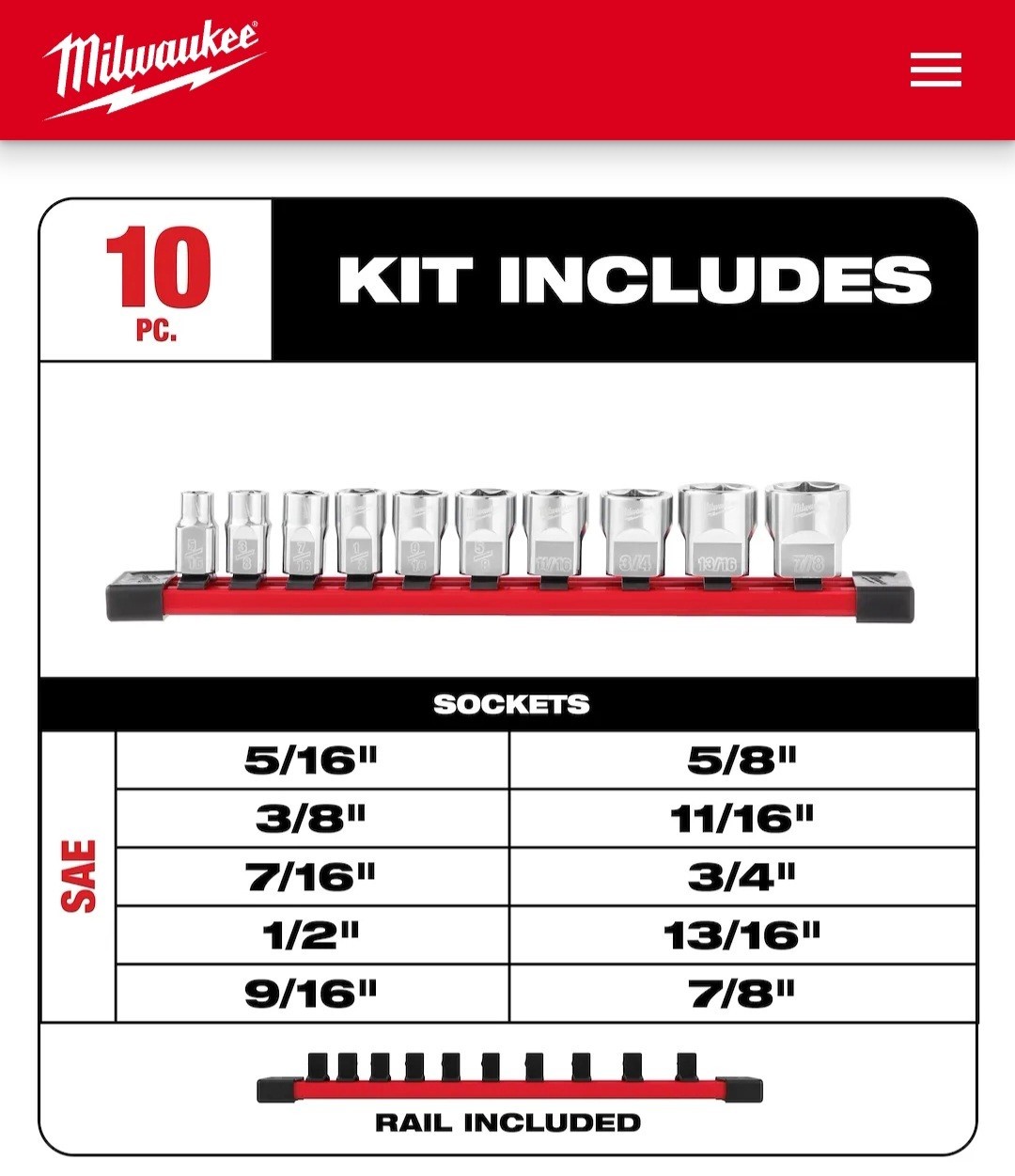 New Milwaukee 48-22-9403 Four Flat SAE 10 Piece Socket Set Size 5/16 – 7/8
