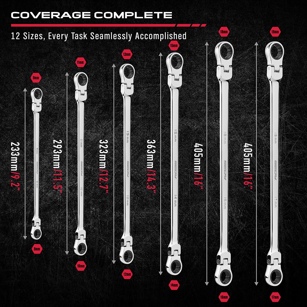 6PC Flex-Head Double Box End Ratcheting Wrenches Extra Long Metric Universal NEW