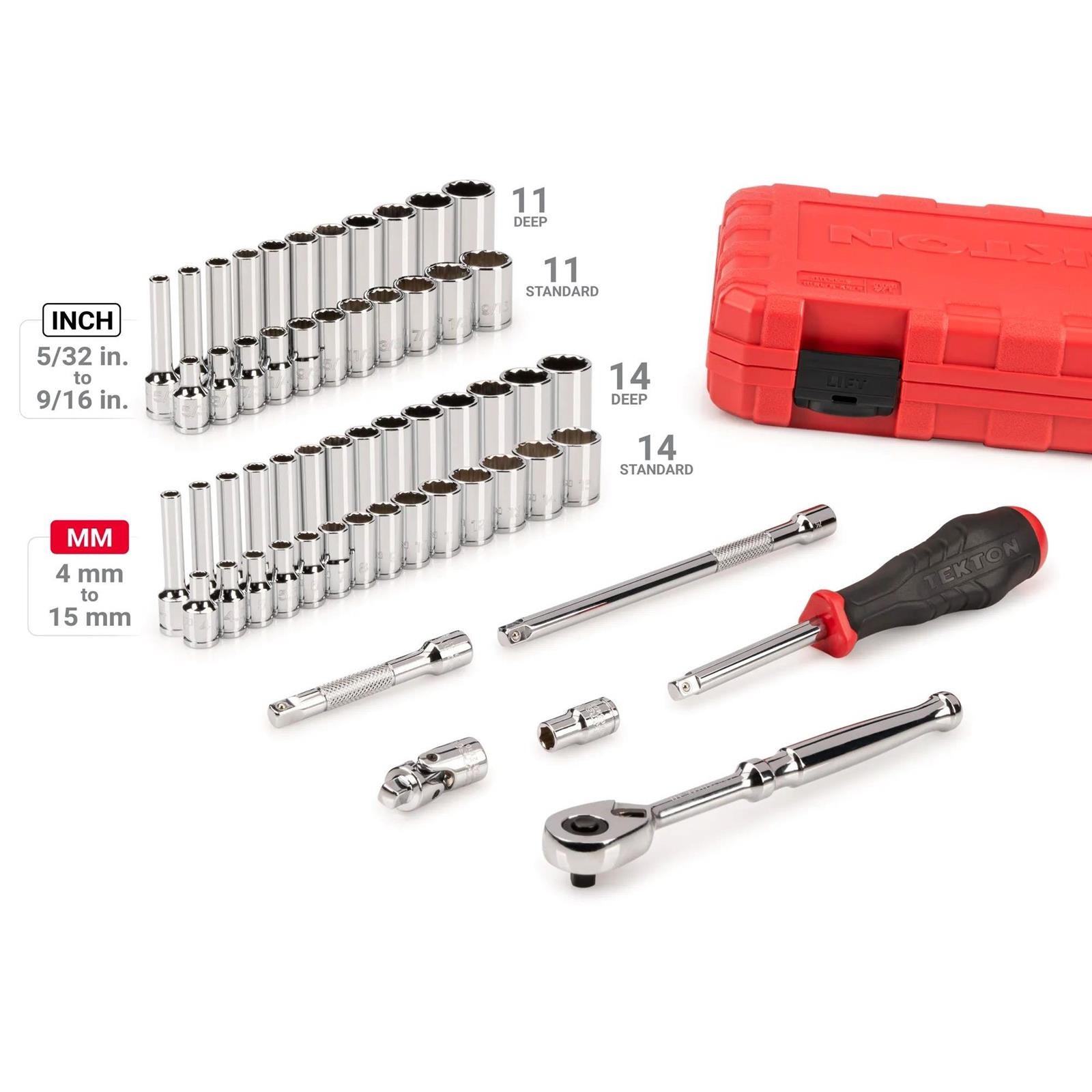 Tekton SKT05304 56 Piece 1/4 In. Drive 12 Pt Socket/Ratchet Set