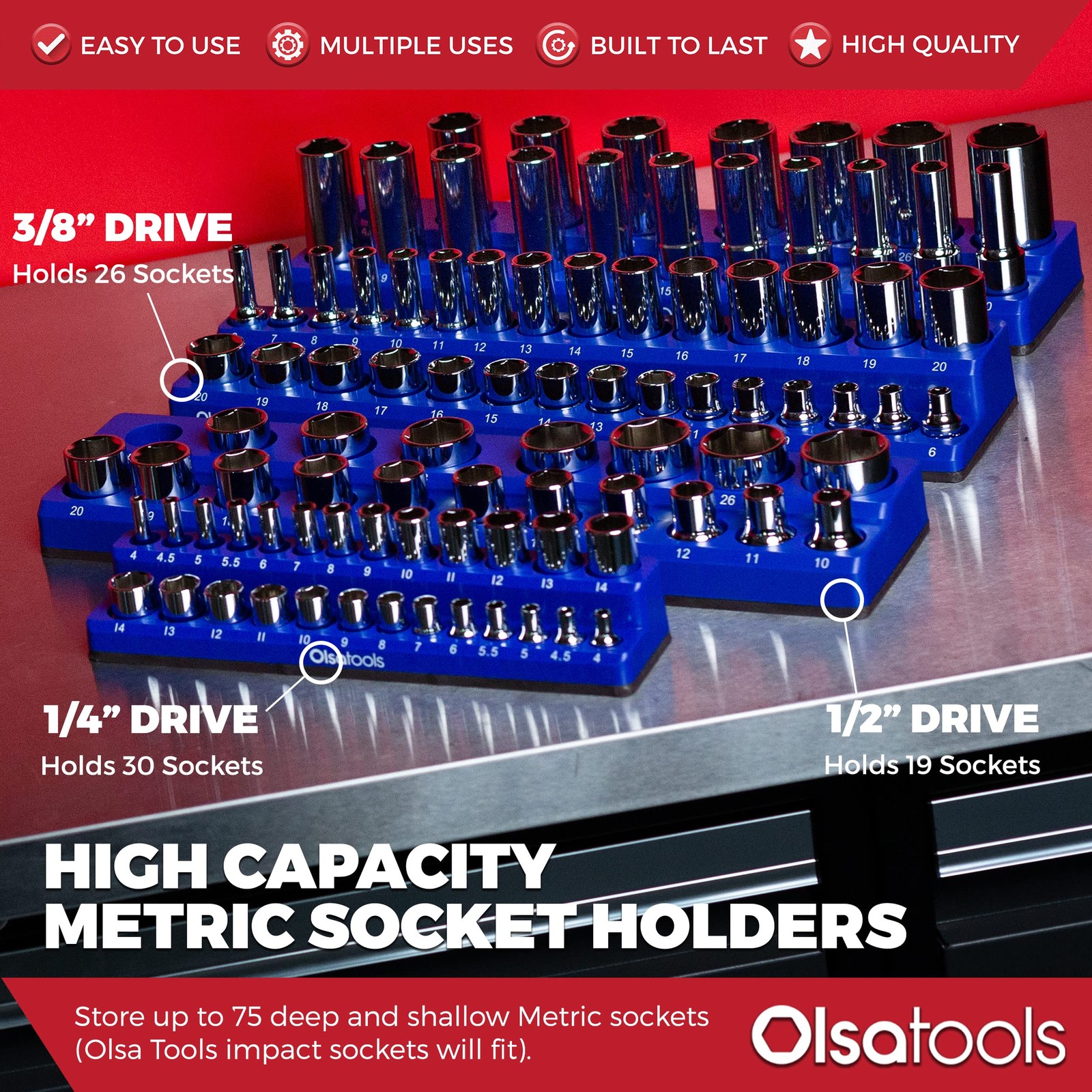 Olsa Tools 3 Piece Set – 1/4-Inch, 3/8-Inch, & 1/2-Inch Drive, Blue, Metric