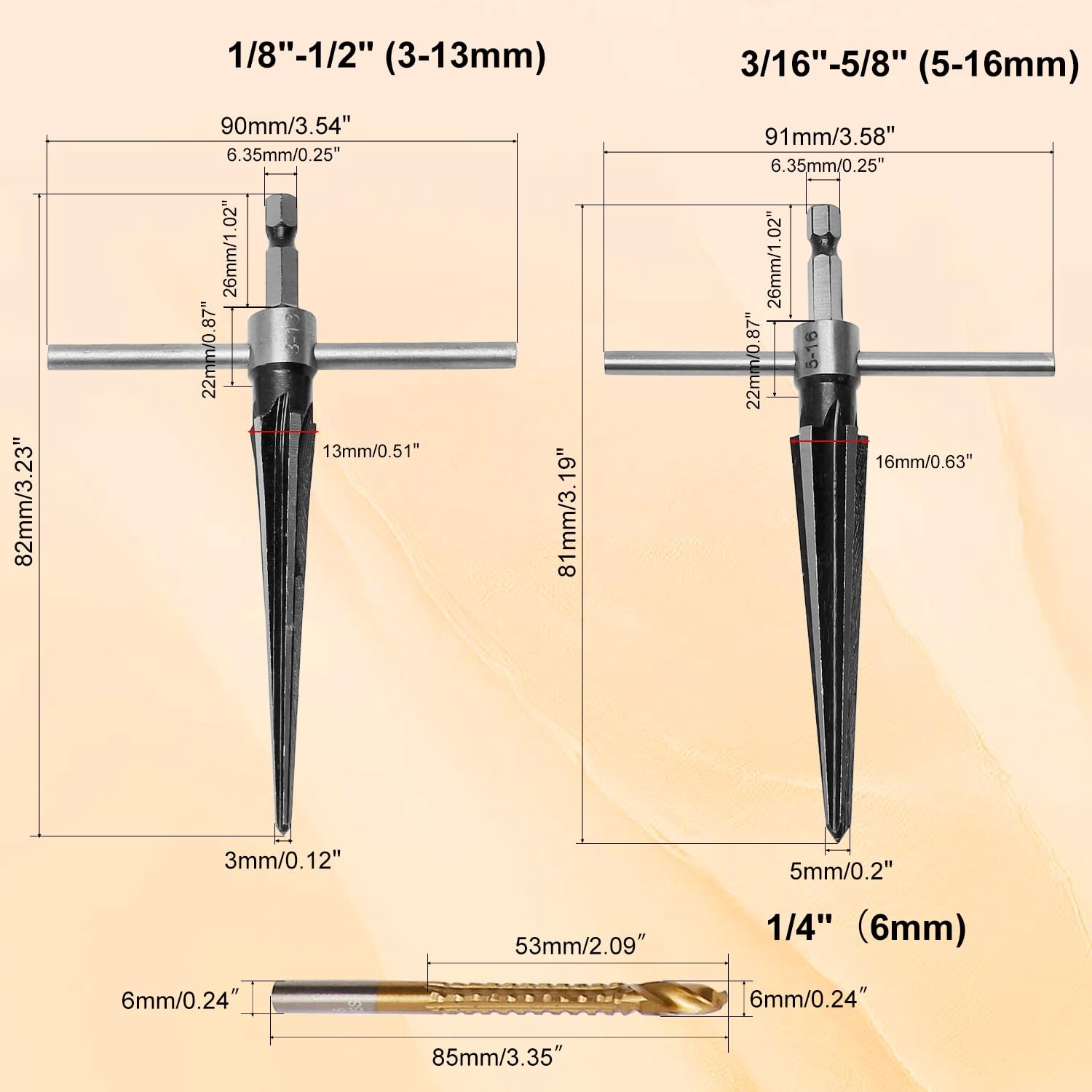 Hand Reamer Tool, Tapered Set, 3mm; 5mm; 8mm; 10mm; 12mm; 16mm