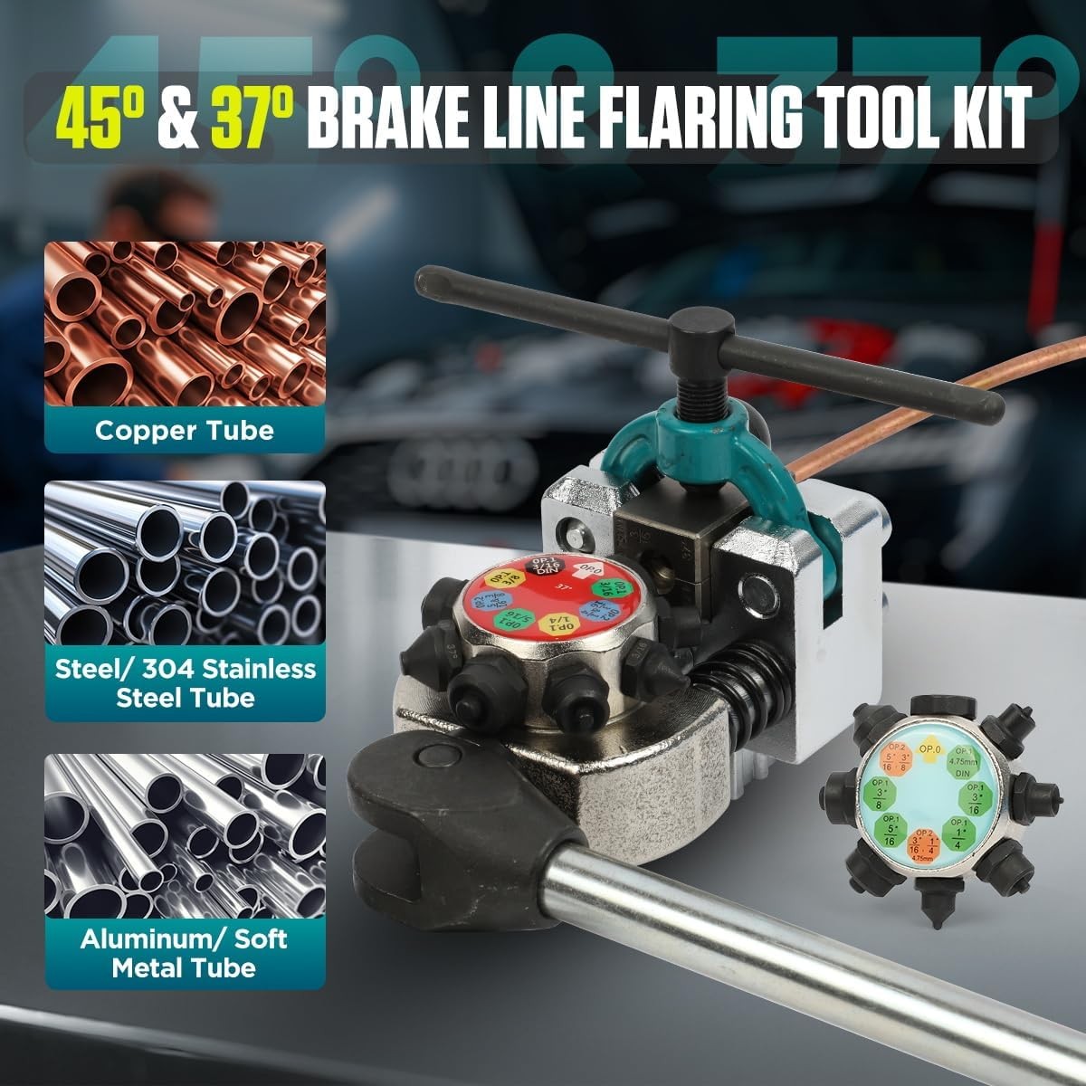 Brake Line Flaring Tool Kit, 45° & 37° Flaring Tool Set for 3/16″, 1/4″, 5/16″