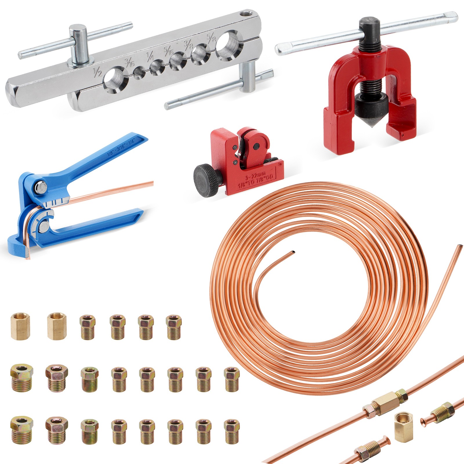 Brake Line Pipe Repair Kit 3/16 25ft Copper Pipe & Flaring Tool 20 Nuts Fittings