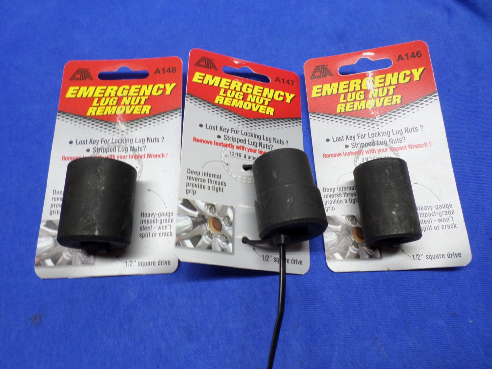 3 sizes CTA Emergency Lug Nut Removers – Impact Socket – 3/4″, 13/16″, 1″ dia.
