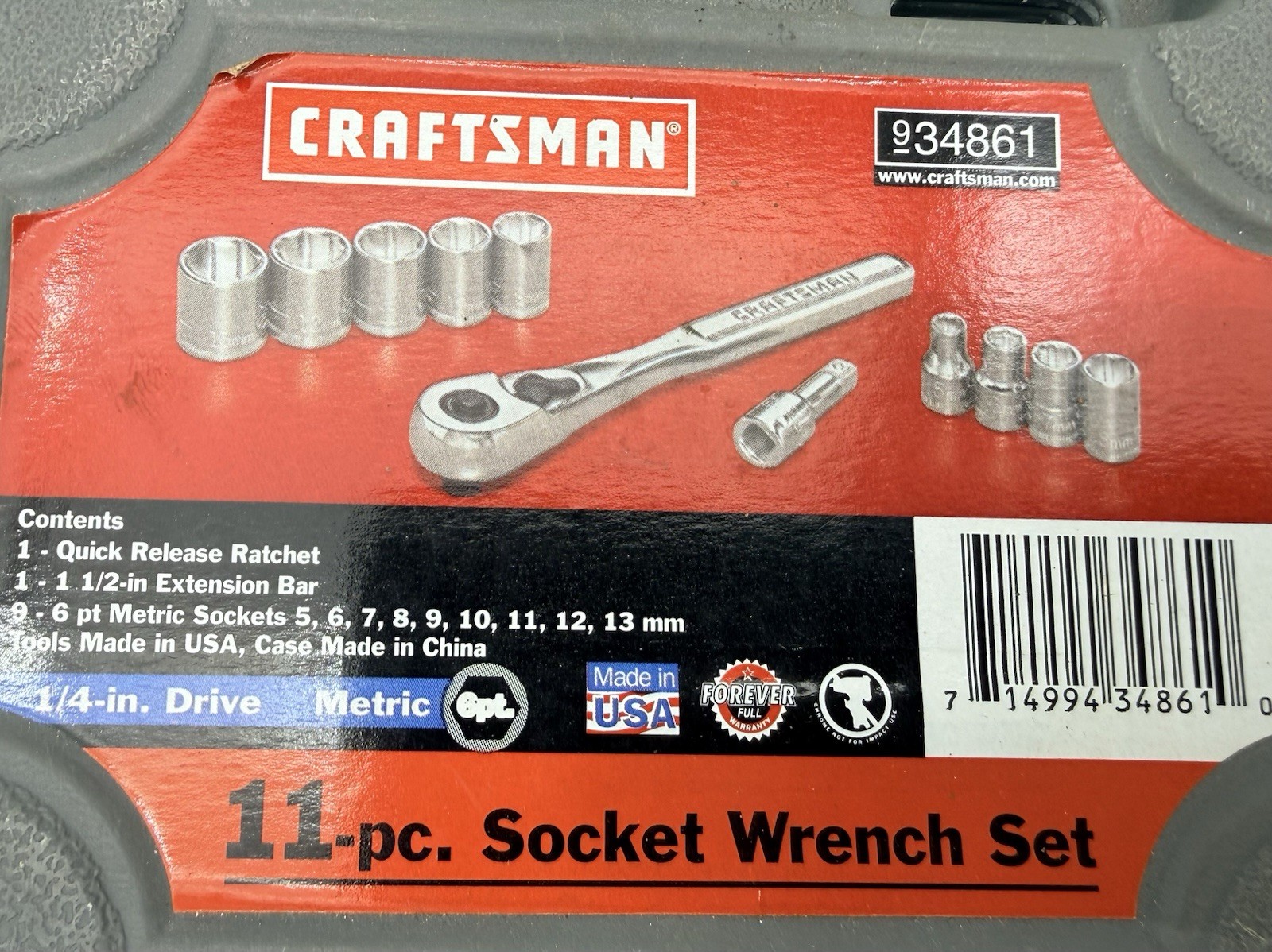 SEARS Craftsman USA 11Pc. 1/4” Metric 5mm-13mm 6Pt. Socket Ratchet Set 34861 NEW