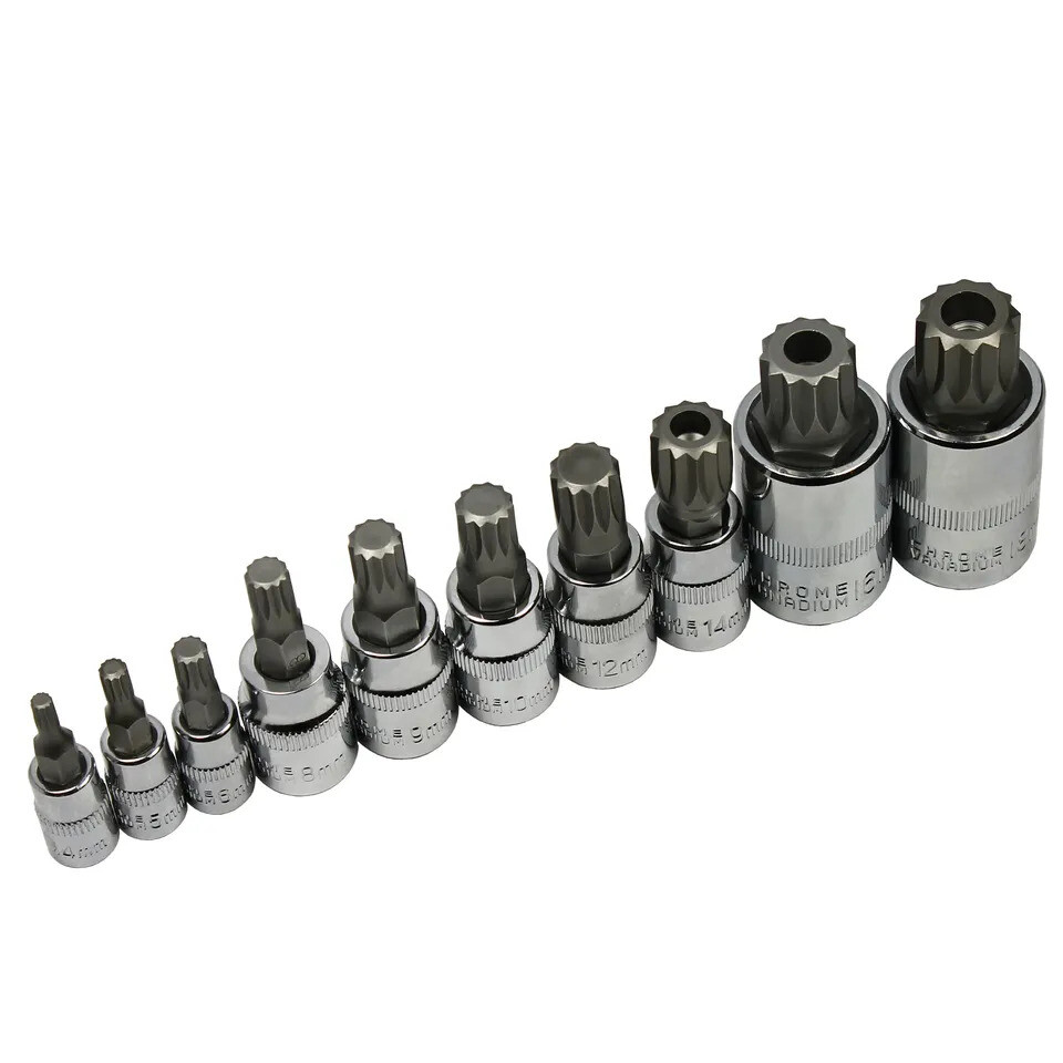10pc XZN 12 Point MM Triple Square Spline Bit Socket Set Tamper Proof