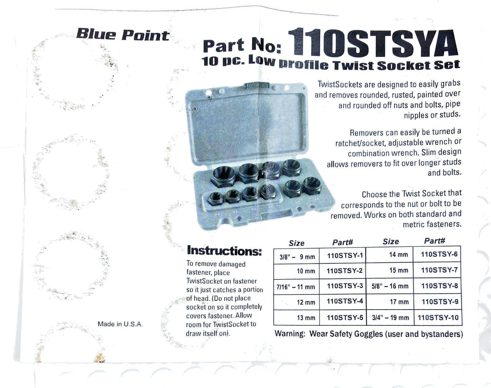 BLUE POINT 110STSYA 10 Piece Low Profile Twist Socket Set NUT, BOLT, Extractor!