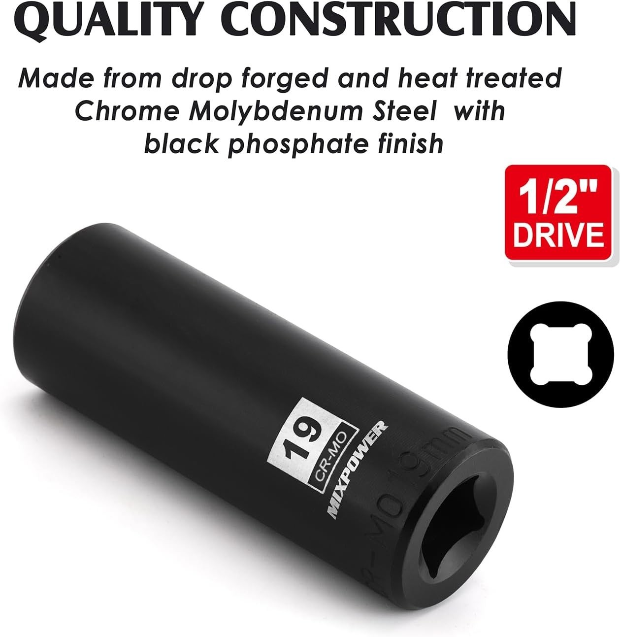 19mm 6-Point Deep Impact Socket – 1/2 Inch Drive, Impact Grade Strength