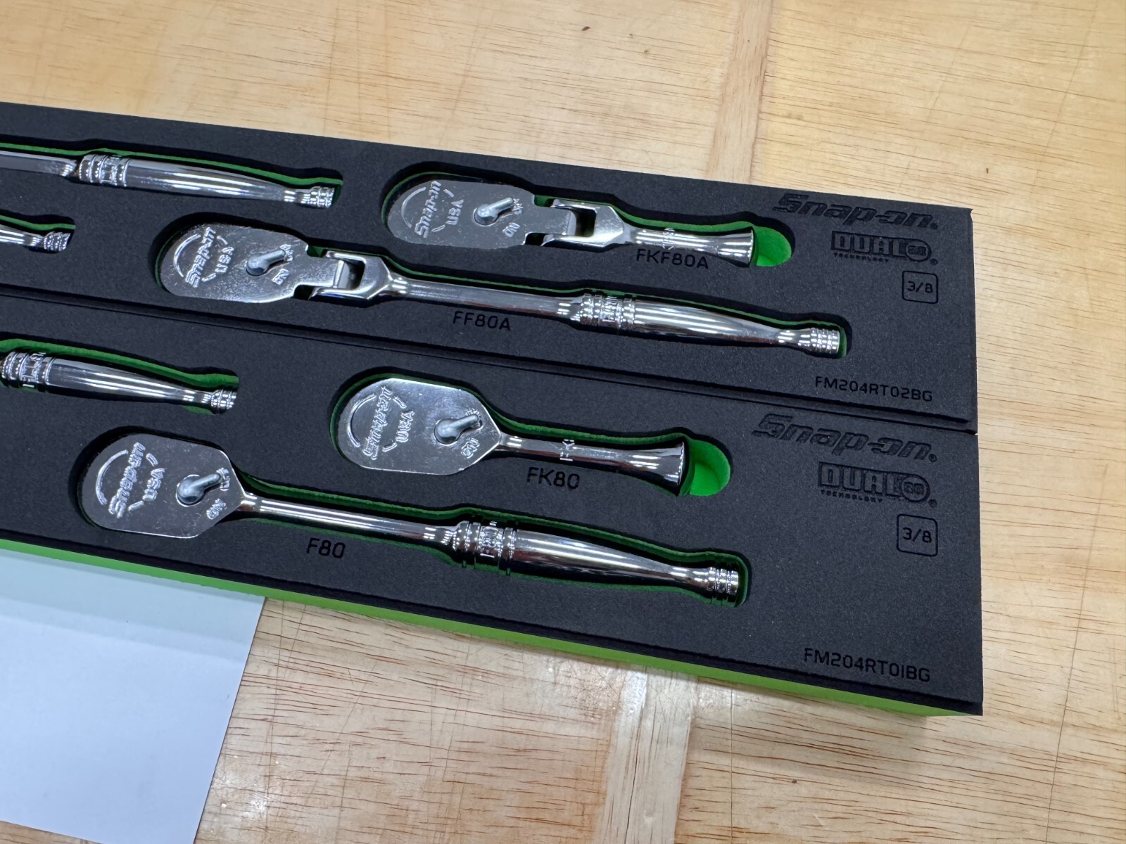 Snap-on Tools USA NEW GREEN 8pc 3/8″ Drive Chrome Fixed & Flex Ratchet Foam Sets