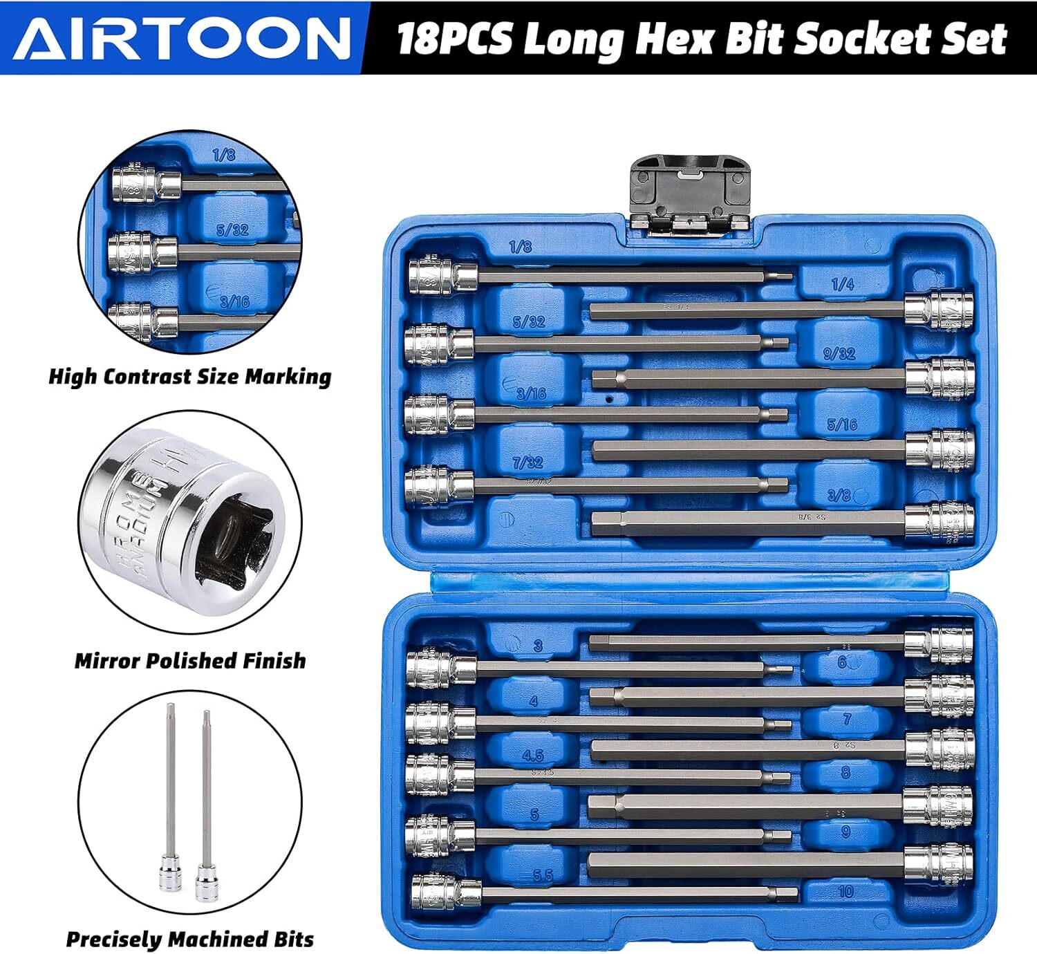 18piece 3/8 Inch Drive Extra Long Allen Hex Bit Socket Set Sae & Metric 1/83/8