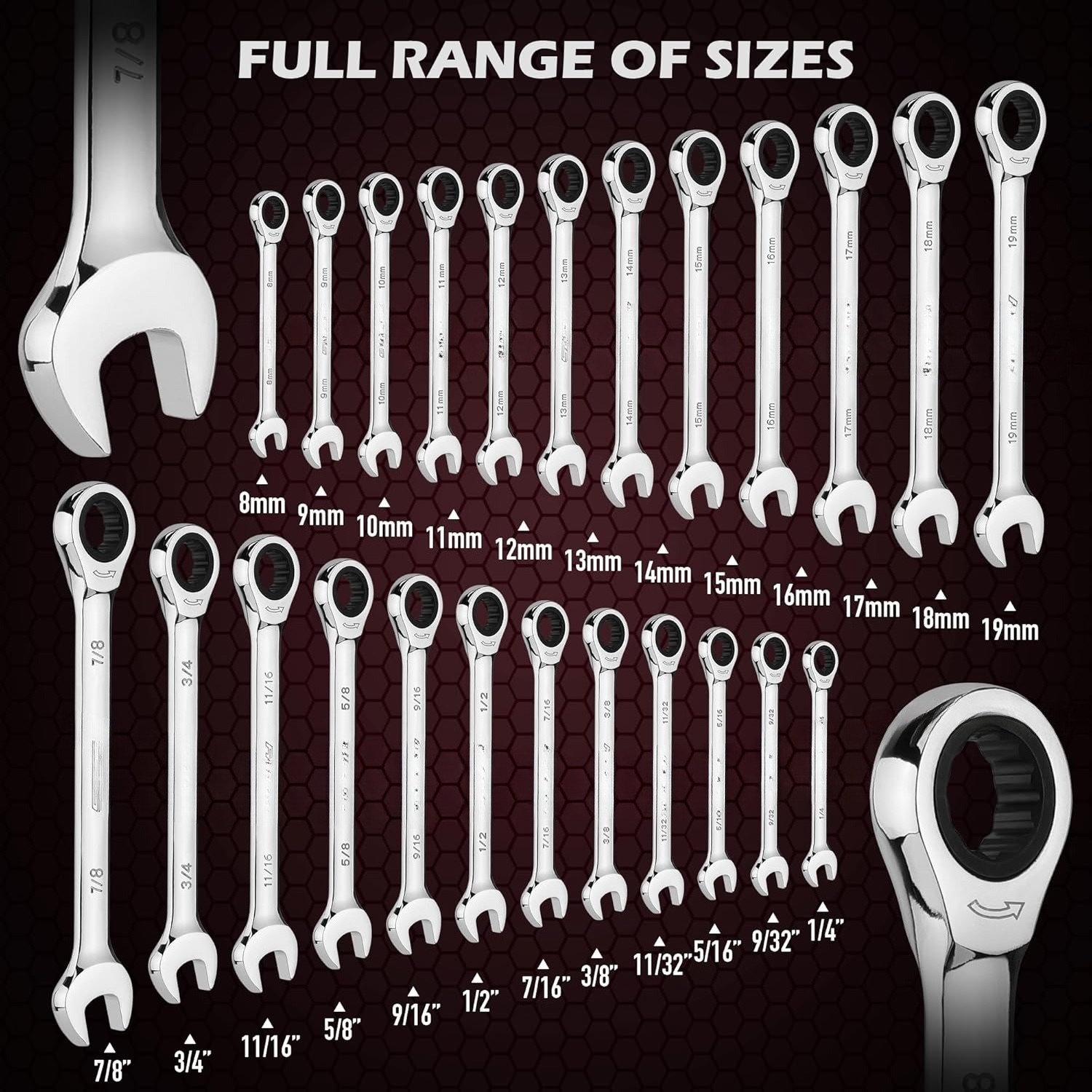 Ratchet Wrench Set, Combination Wrenches in Imperial and Metric Sizes