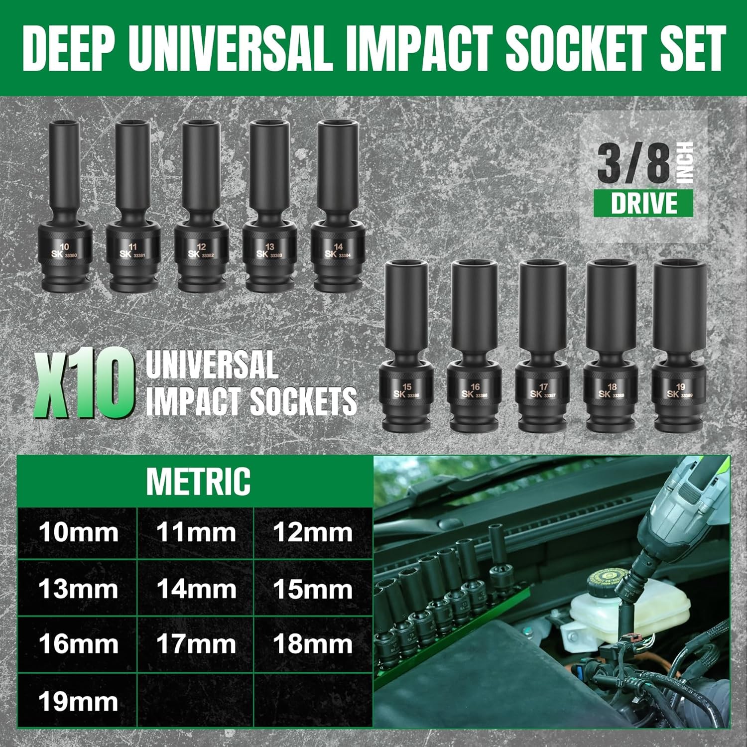 SK 3/8″ Drive Universal Impact Socket Set, Deep Swivel 3/8″