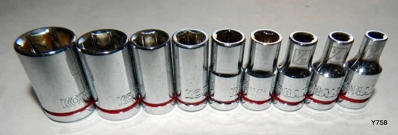 9 pcs Kobalt 3/8 drive 6pt shallow SAE sockets sizes 1/4″ to 7/8″