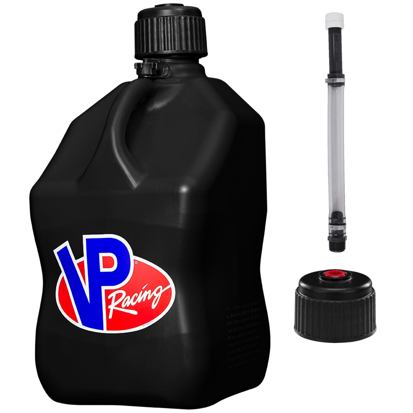 VP Racing Square Fuel Jug 5 Gallon Black – With Spare Cap and Filler Hose