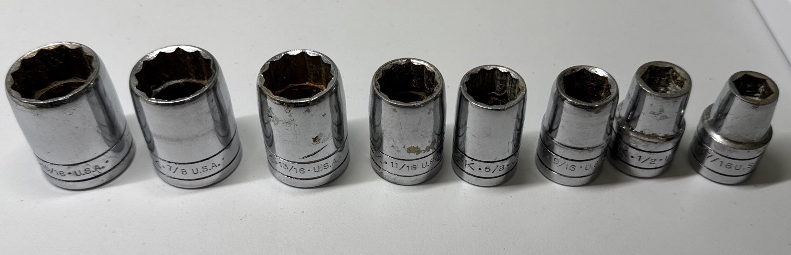 Lot Of 8 SK Asst Size Sockets 15/16, 7/8, 13/16, 11/16 To 7/16