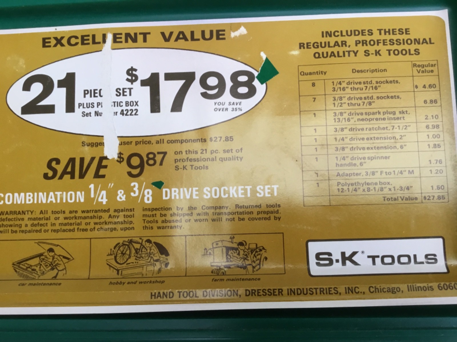 S-K Tools 1/4” & 3/8” 21 Piece Complete SAE Socket Set W/Case #4222 Excellent