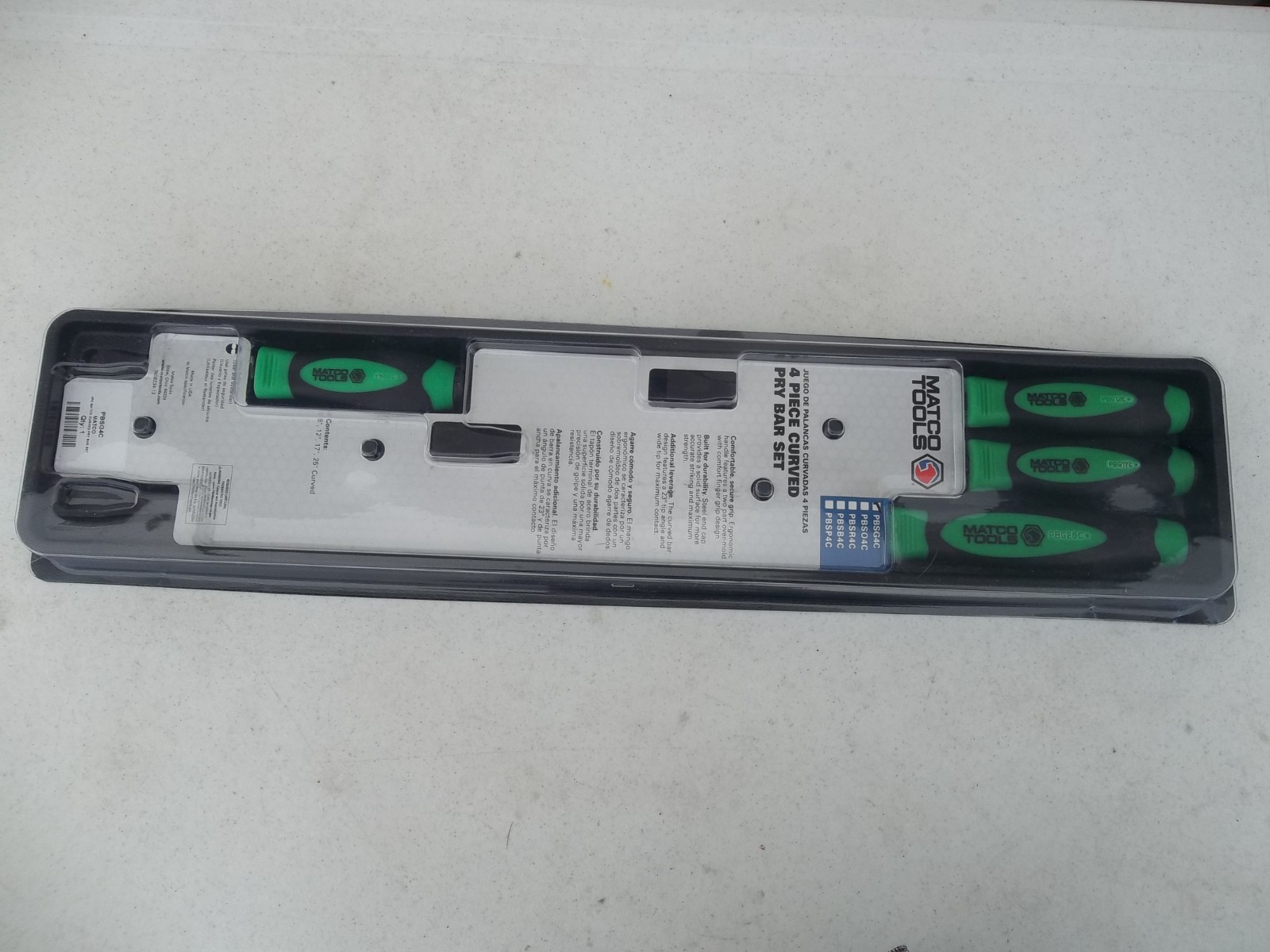 New Matco PBSG4C 4 Pc Green Curved Tip Prybar Set in Storage Tray-8»12»17»25″