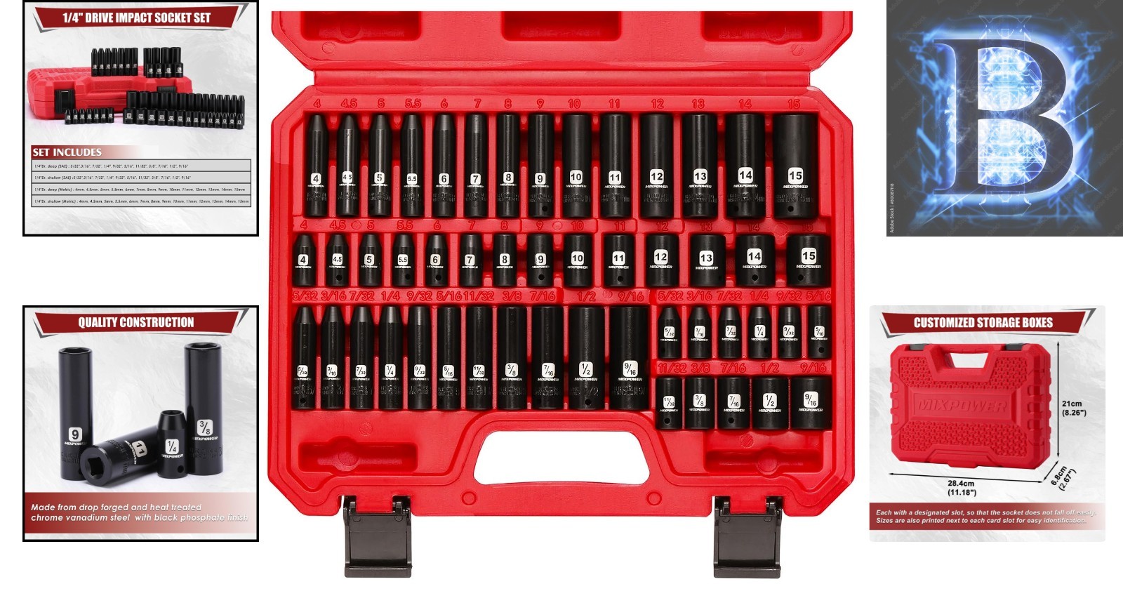 Ultra-Durable 1/4-inch Impact Socket Set – 50 Pieces in SAE/Metric Sizes