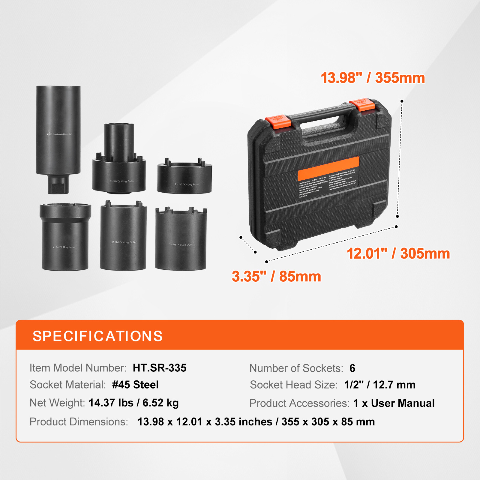 VEVOR Spindle Nut Socket Tool Kit 1/2 inch Drive 6 Piece Axle Hub Nut Socket Set