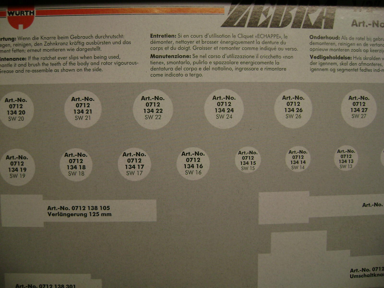 Wurth Zebra 1/2 Inch Multi Socket Wrench Assortment 23 Pieces 096513023 10-32MM