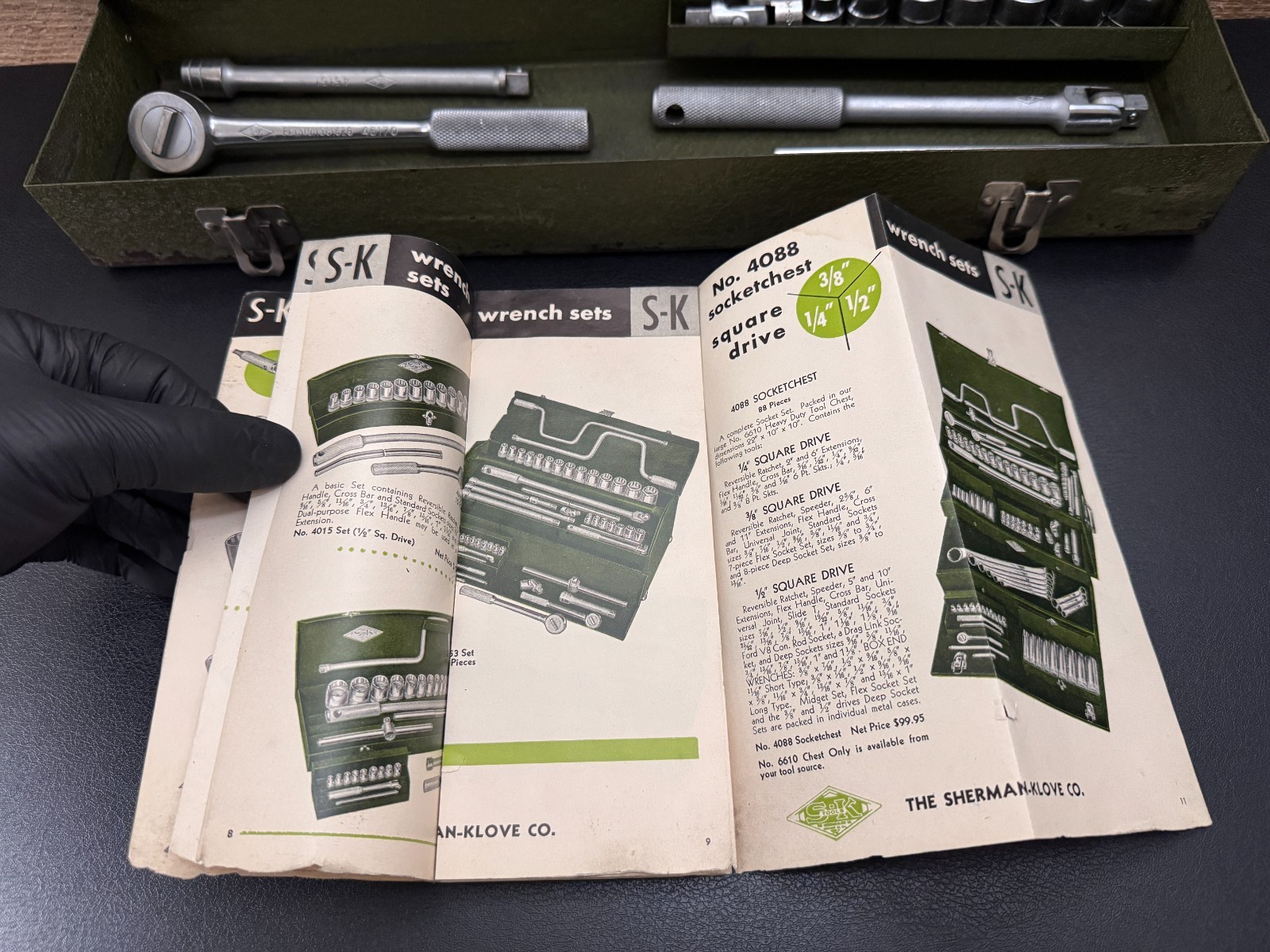 S-K Tools 3/8 Drive Socket Wrench Set 4517 14pc Metal Case & Catalog c 1940s USA