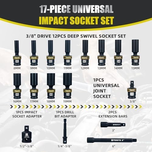 Teootd 17Pc 3/8-In Swivel Socket Set 6-Point 8-19mm CR-MO W/ Extension Bar