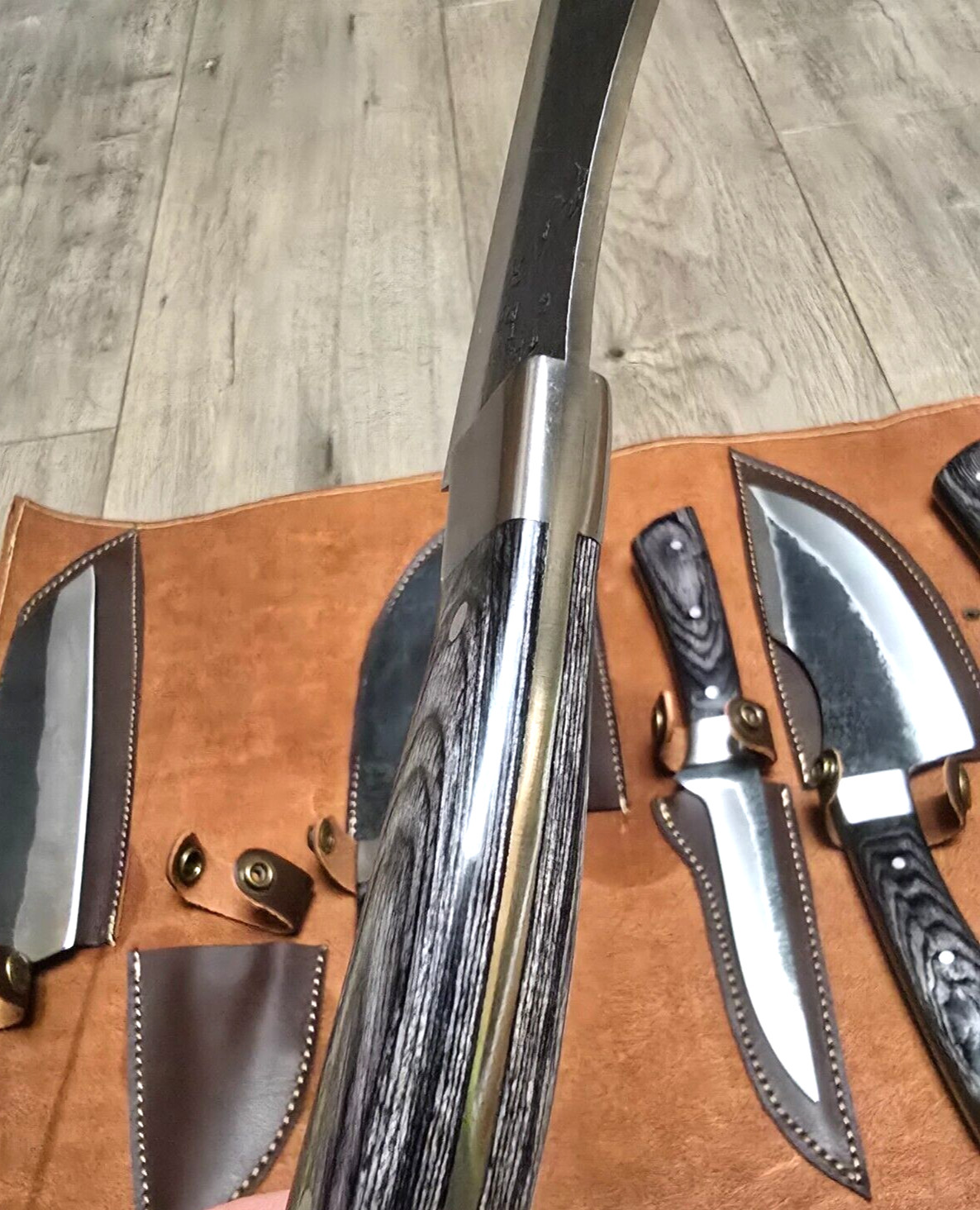 6pc Custom Hand Forged Kitchen Knife Set w/Full Tang Blades & Leather Roll Pouch