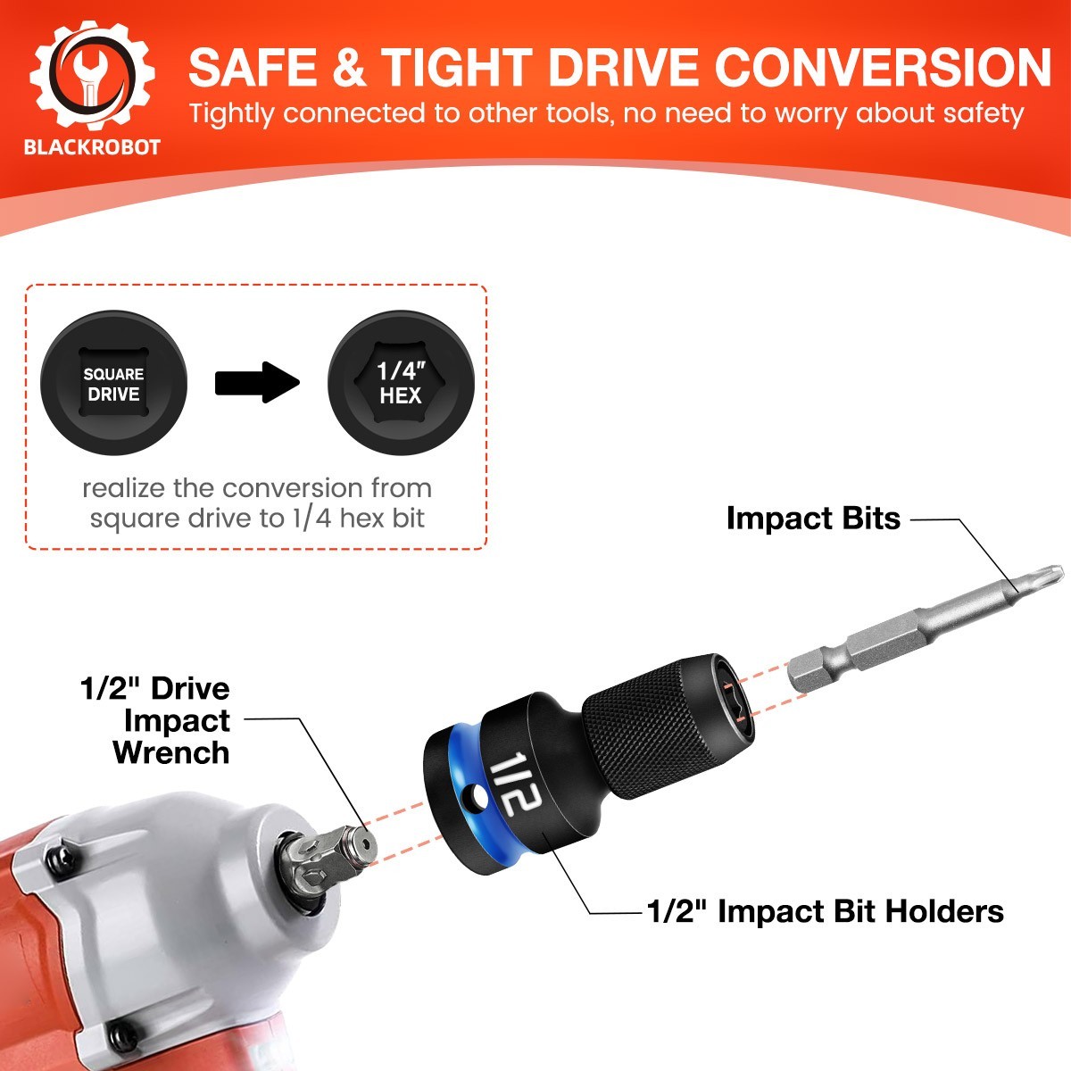 Impact Bit Holders 3/8 1/4 1/2-Inch Square Drive to 1/4-Inch Hex Socket Adapter