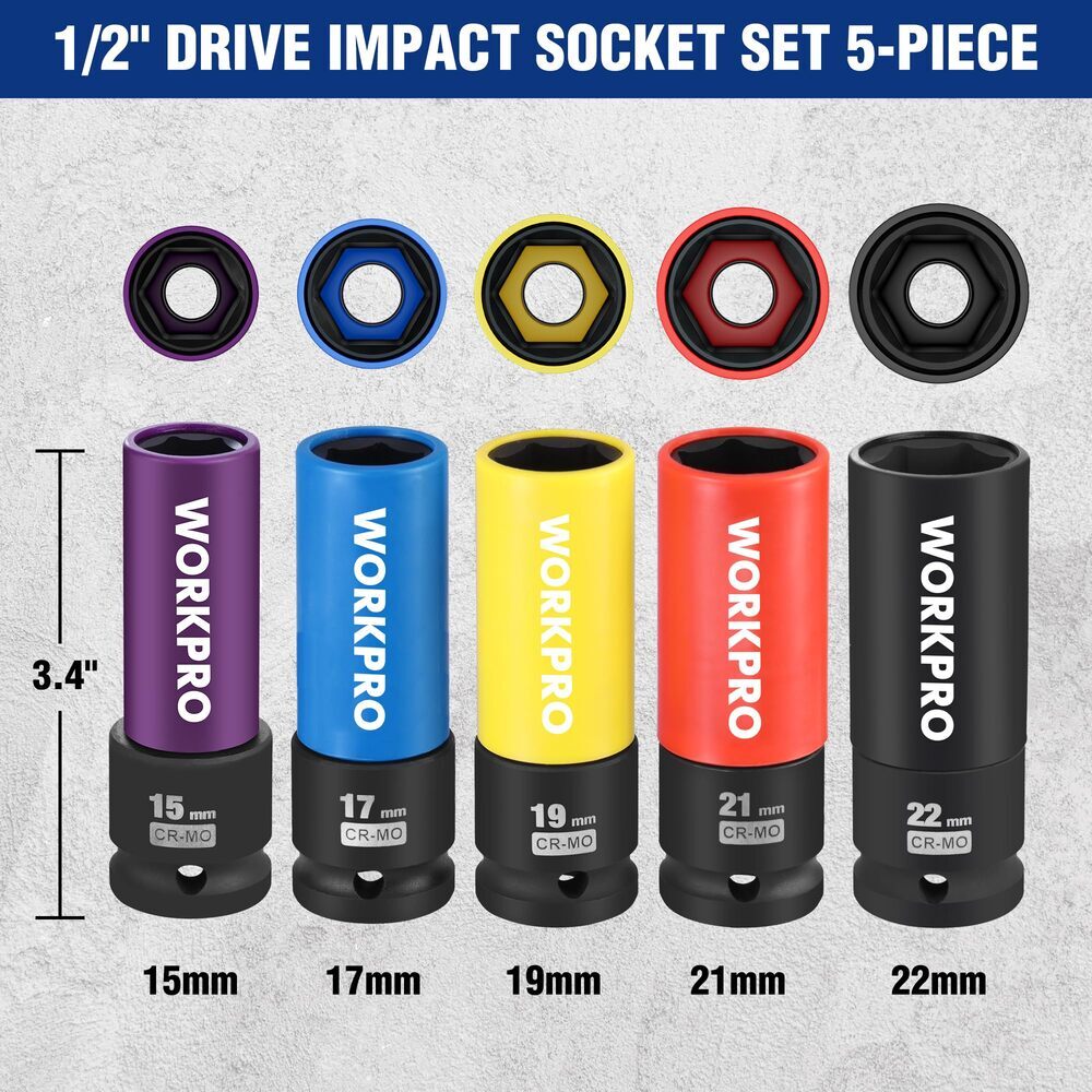 WORKPRO 5PCS 1/2″ Dr Impact Lug Nut Socket Set 15 17 19 21 22mm Thin Wall Socket