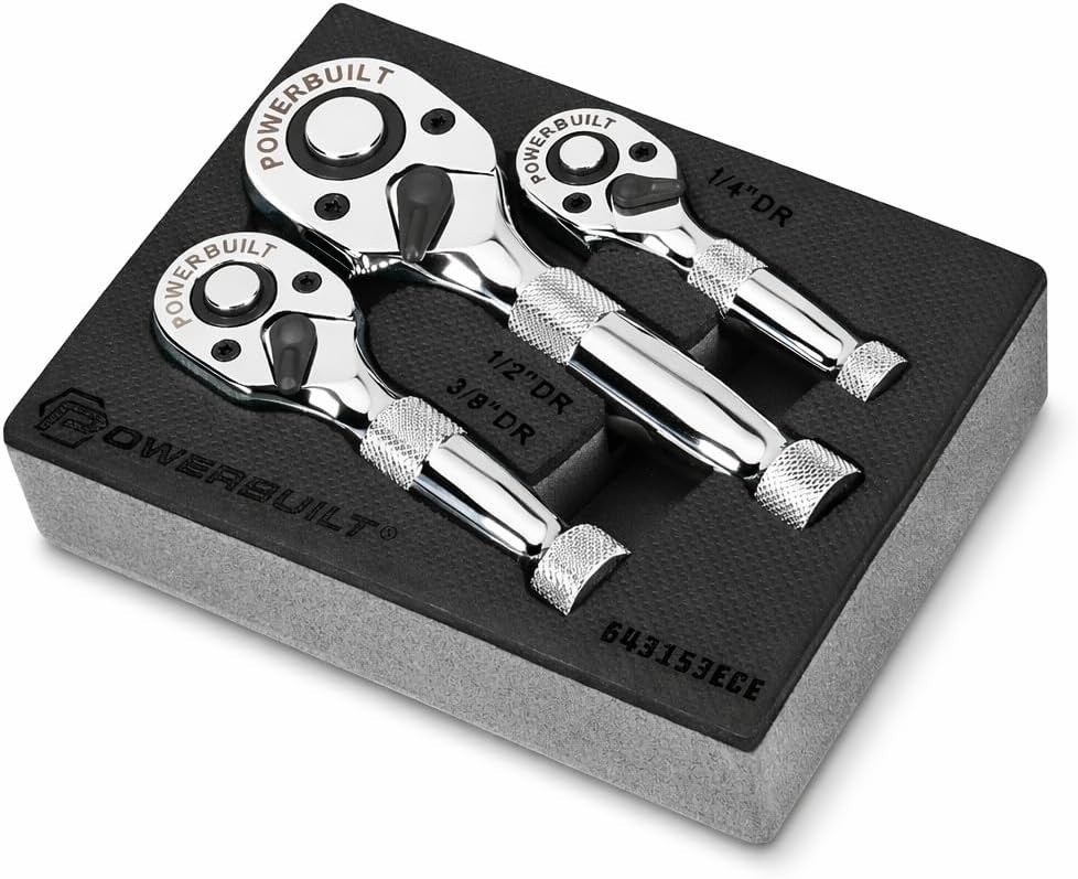 3-Piece Stubby Ratchet Set: 1/4, 3/8, 1/2-Inch Chrome Vanadium for Tight Spaces