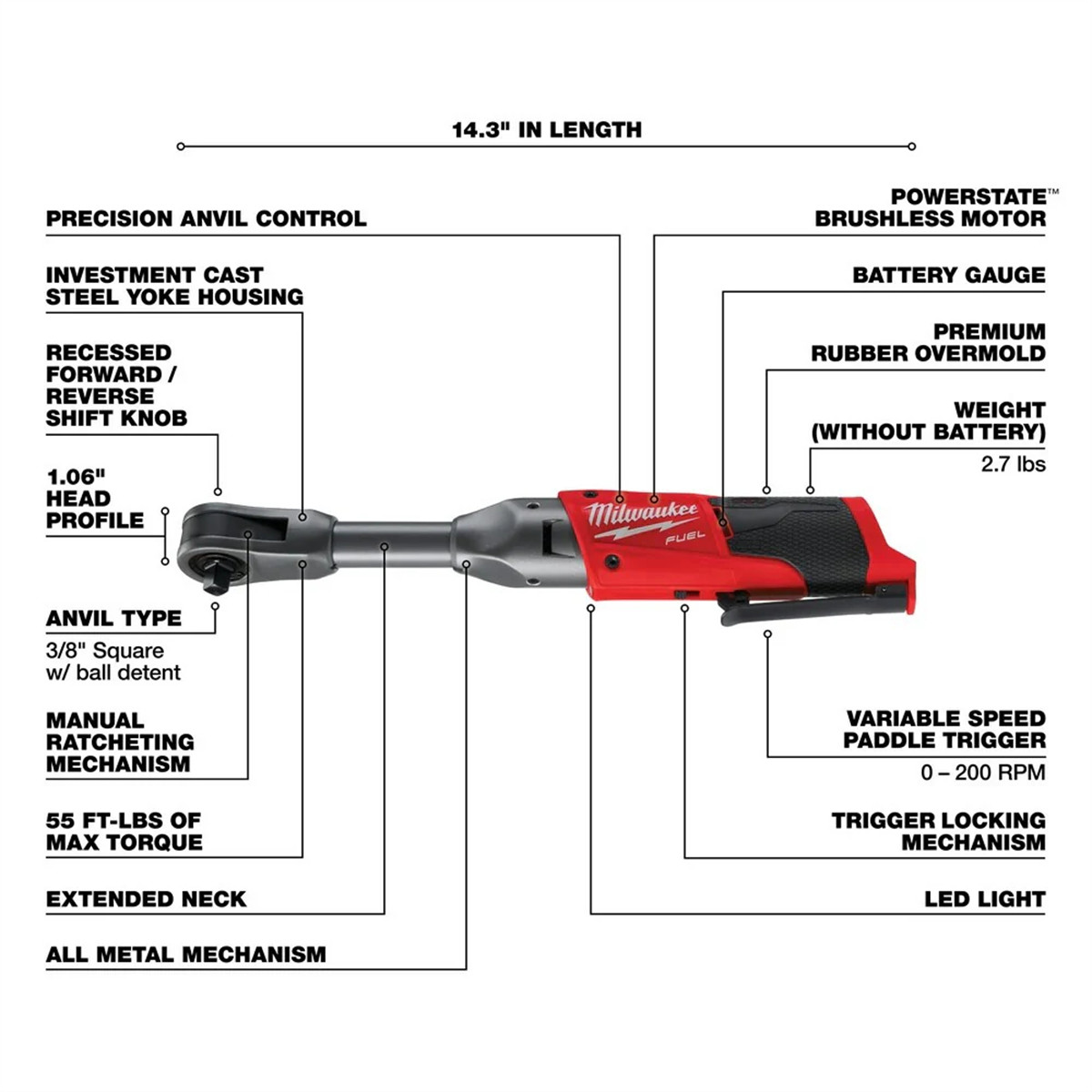 Milwaukee 2560-20 M12 FUEL 3/8″ Extended Reach Ratchet, Cordless Power