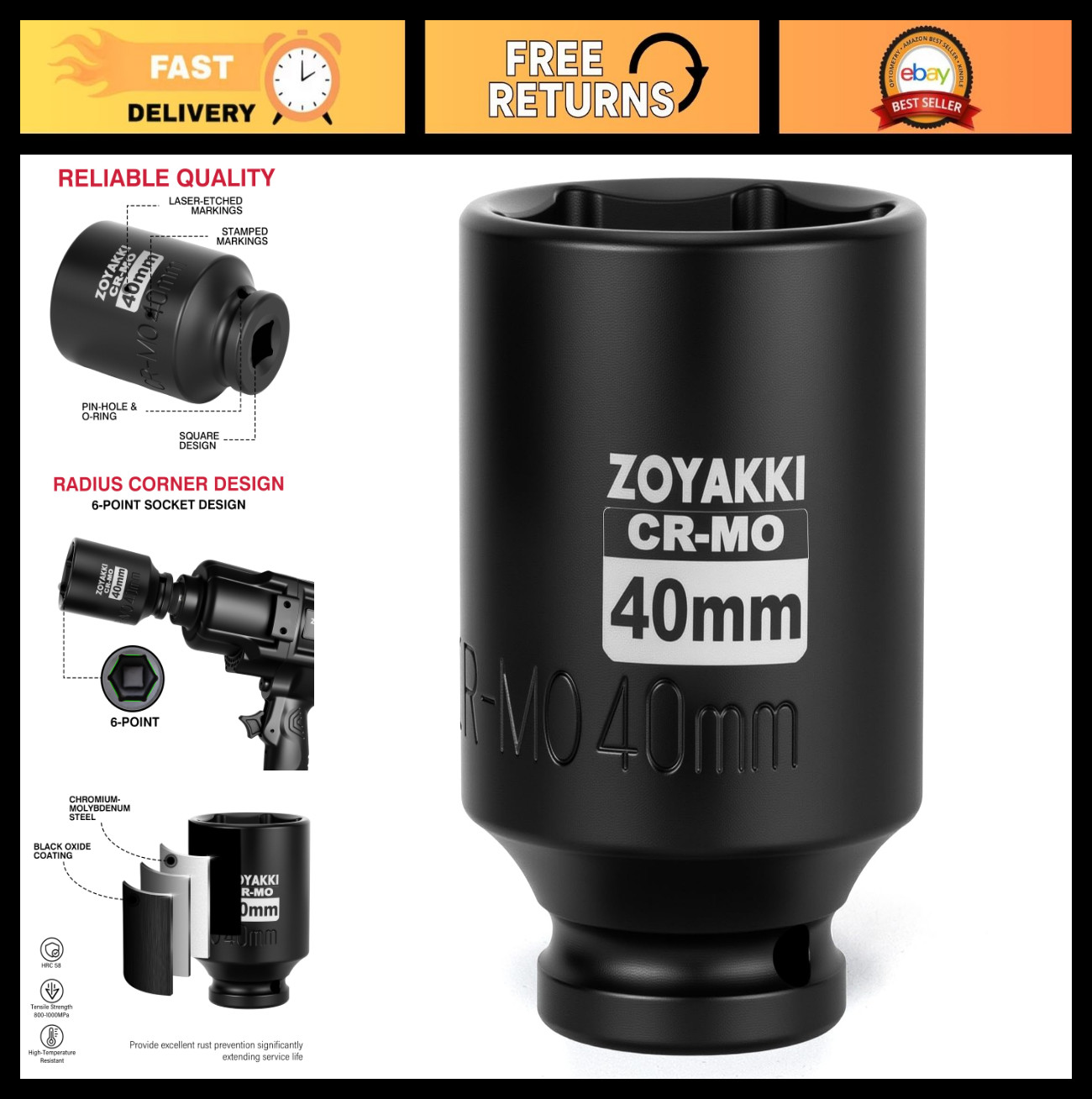 40mm Deep 6PT Impact Socket – 1/2″ Drive Axle Nut Removal Tool, CR-MO Steel