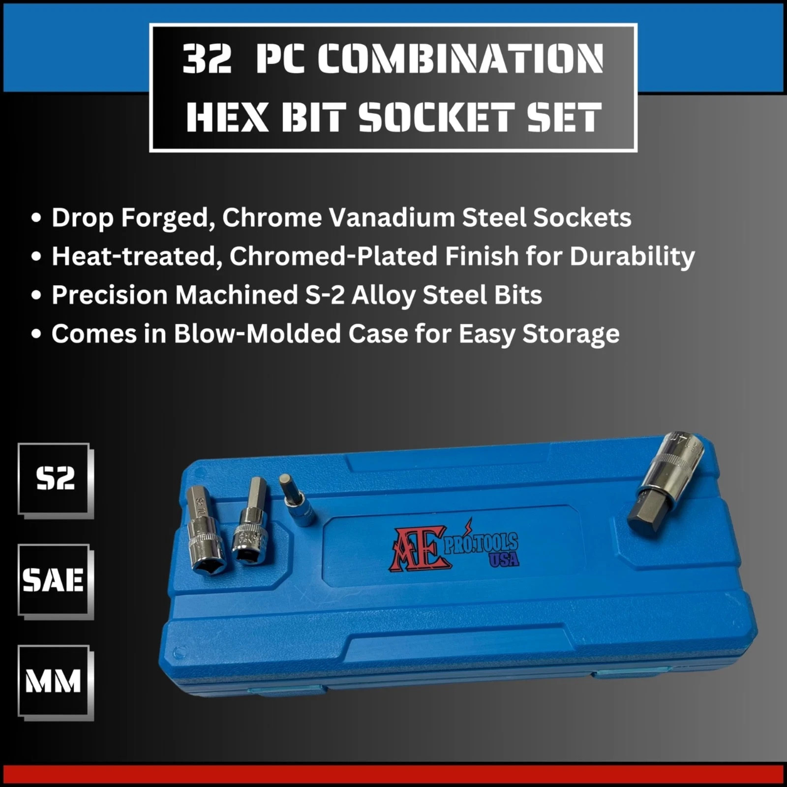 32pc MASTER HEX BIT SET (SAE & METRIC) SOCKET SET STANDARD ALLEN 1/4″ 3/8″ 1/2″