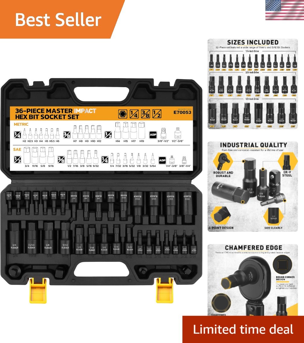Versatile 36-Piece Impact Socket Set – High-Quality Cr-V Steel with Storage Case